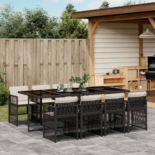 vidaXL 9 Piece Garden Dining Set with Cushions Black Poly Rattan