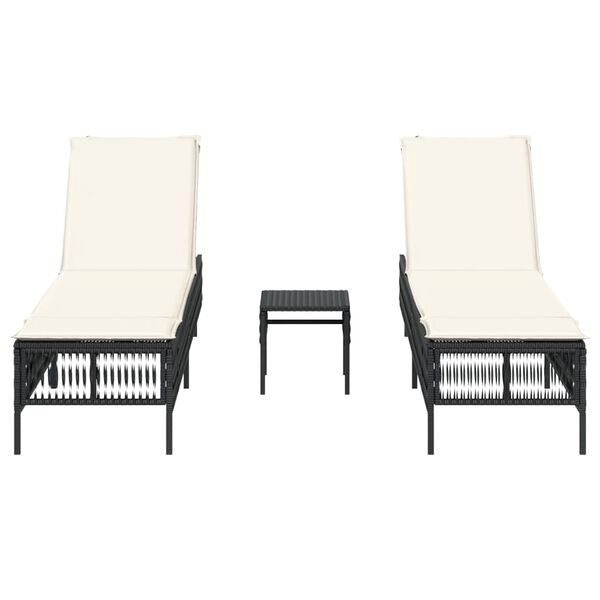 vidaXL Sun Loungers 2 pcs with Table Black Poly Rattan