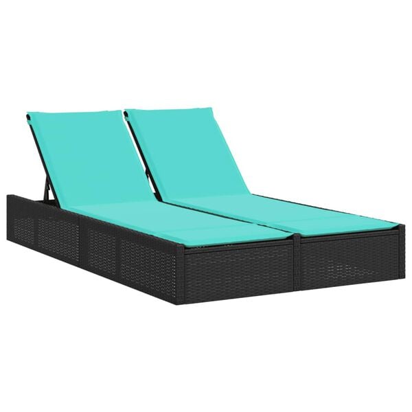 vidaXL Double Sun Lounger with Cushions Black Poly Rattan