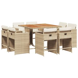 vidaXL 9 Piece Garden Dining Set with Cushions Beige Poly Rattan