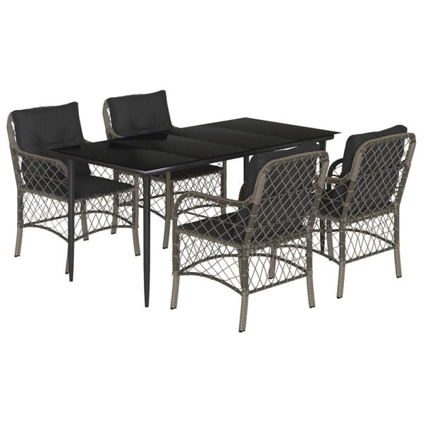 vidaXL 5 Piece Garden Dining Set with Cushions Grey Poly Rattan