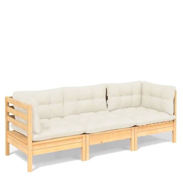 vidaXL 3-Seater Garden Sofa with Cream Cushions Solid Pinewood
