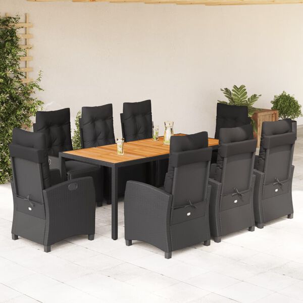 vidaXL 9 Piece Garden Dining Set with Cushions Black Poly Rattan