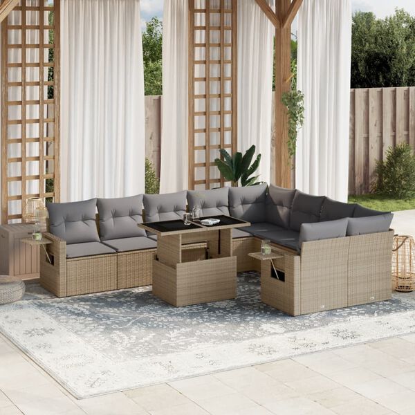 vidaXL 10 Piece Garden Sofa Set with Cushions Beige Poly Rattan