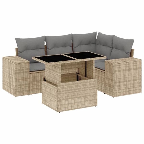 vidaXL 5 Piece Garden Sofa Set with Cushions Beige Poly Rattan