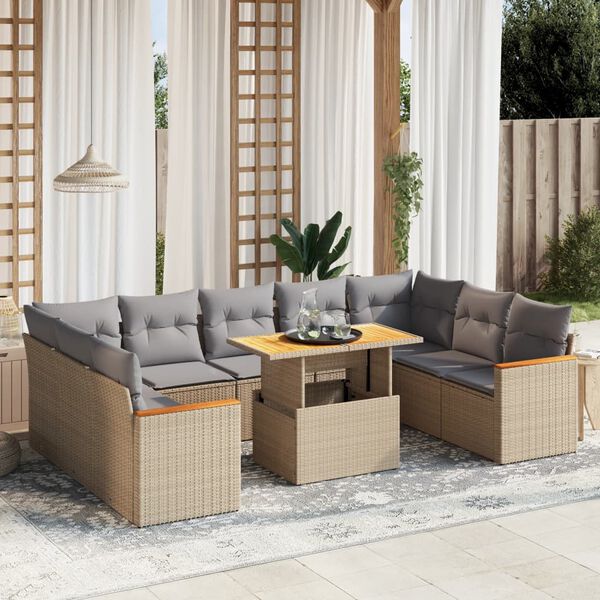vidaXL 10 Piece Garden Sofa Set with Cushions Beige Poly Rattan