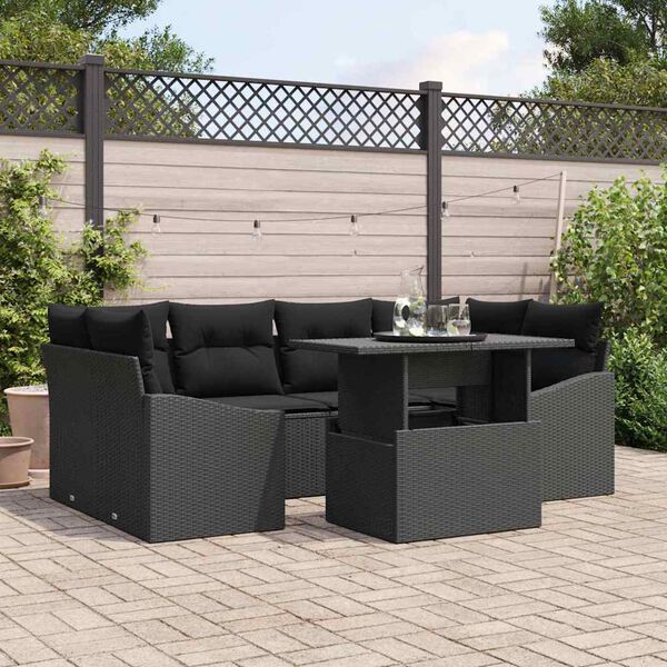 vidaXL Garden Sofa Set with Cushion 7 pcs Black Poly Rattan