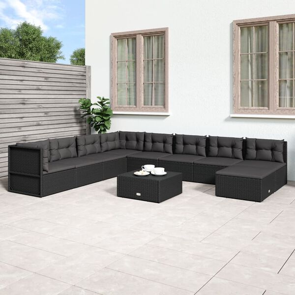 vidaXL 9 Piece Garden Lounge Set with Cushions Black Poly Rattan