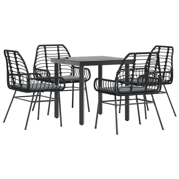 vidaXL 5 Piece Garden Dining Set with Cushions Black Poly Rattan Glass
