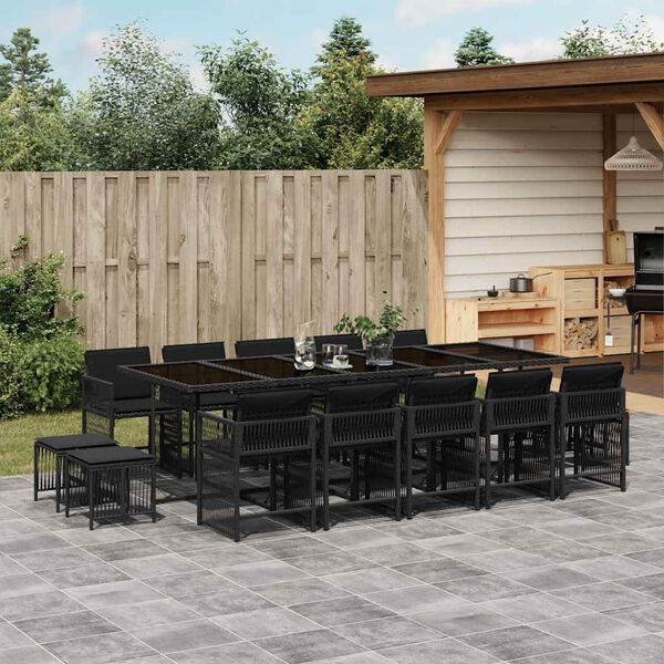 vidaXL 15 Piece Garden Dining Set with Cushions Black Poly Rattan