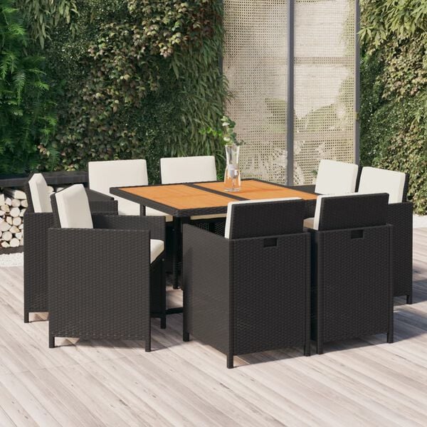 vidaXL 9 Piece Garden Dining Set with Cushions Poly Rattan Black