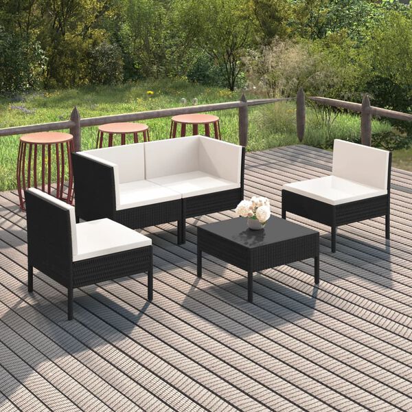 vidaXL 5 Piece Garden Lounge Set with Cushions Poly Rattan Black