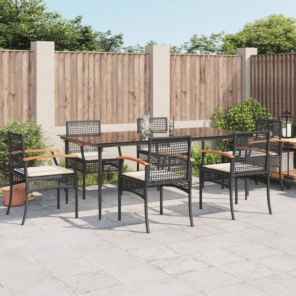 vidaXL 7 Piece Garden Dining Set with Cushions Black Poly Rattan