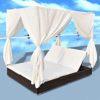 vidaXL Outdoor Lounge Bed with Curtains Poly Rattan Brown