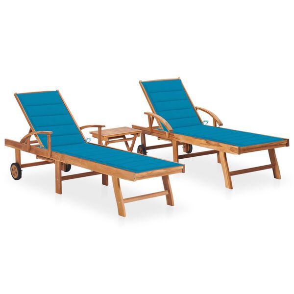 vidaXL Sun Loungers 2 pcs with Table and Cushion Solid Teak Wood