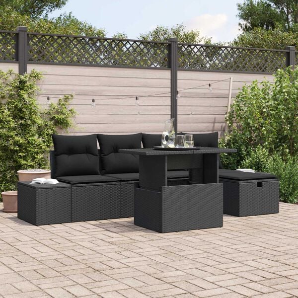 vidaXL Garden Sofa Set with Cushion 6 pcs Black Poly rattan