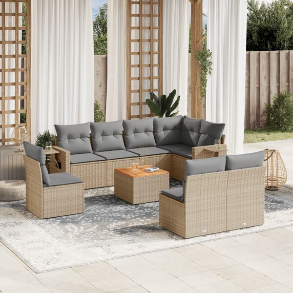 vidaXL 9 Piece Garden Sofa Set with Cushions Beige Poly Rattan