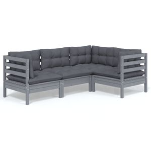 vidaXL 4 Piece Garden Lounge Set with Cushions Grey Pinewood