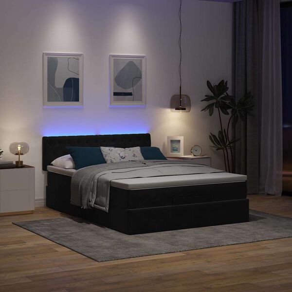 vidaXL Ottoman Bed with Mattress & LEDs Black Queen Velvet