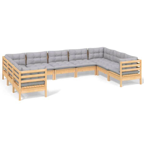 vidaXL 9 Piece Garden Lounge Set with Grey Cushions Pinewood