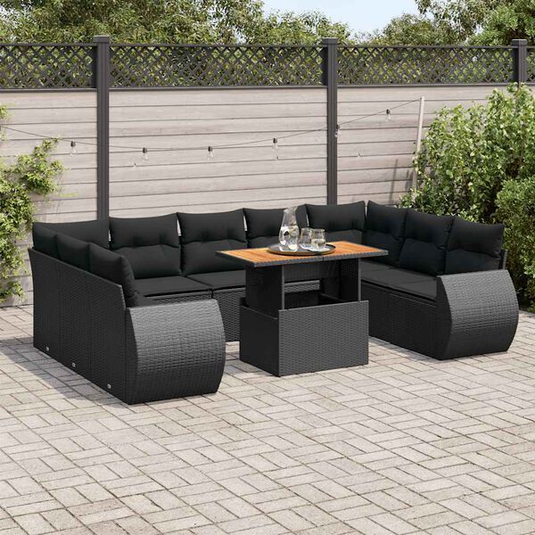 vidaXL 10 Piece Garden Sofa Set with Cushions Black Poly Rattan