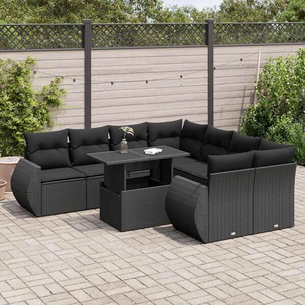 vidaXL 9 Piece Garden Sofa Set with Cushions Black Poly Rattan