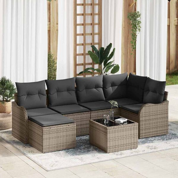 vidaXL Garden Sofa Set with Cushion 7 pcs Grey Poly rattan