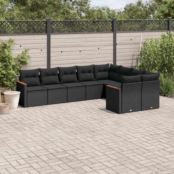 vidaXL 9 Piece Garden Sofa Set with Cushions Black Poly Rattan