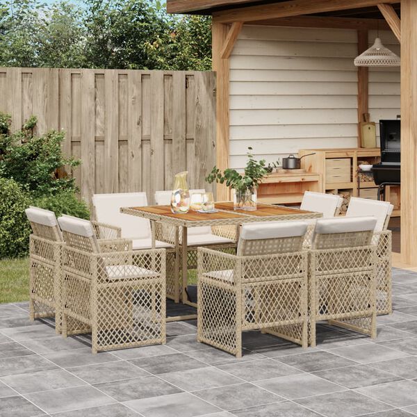 vidaXL 9 Piece Garden Dining Set with Cushions Beige Poly Rattan