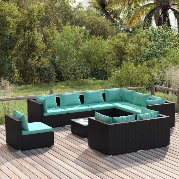 vidaXL 10 Piece Garden Lounge Set with Cushions Poly Rattan Black