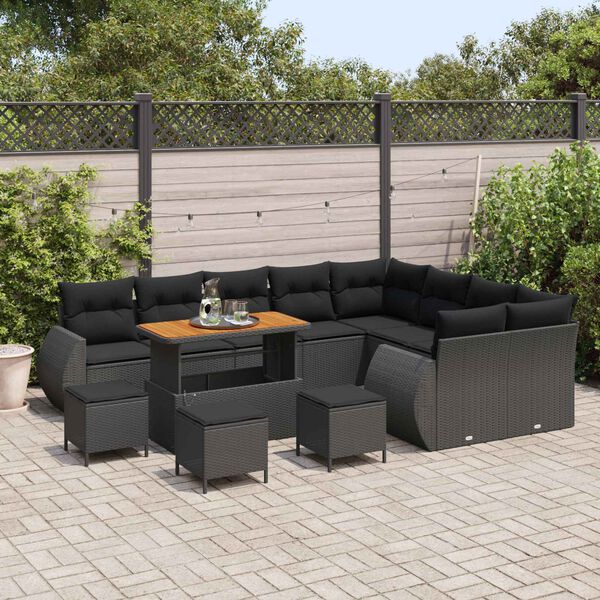 vidaXL Garden Sofa Set with Cushion 13 pcs Black Poly Rattan