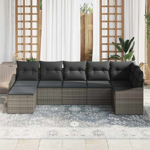 vidaXL Garden Sofa Set with Cushion 7 pcs Grey Poly Rattan