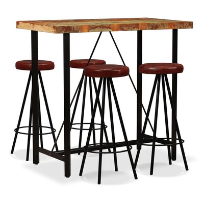 vidaXL Bar Set 5 Pieces Solid Wood Reclaimed and Genuine Leather