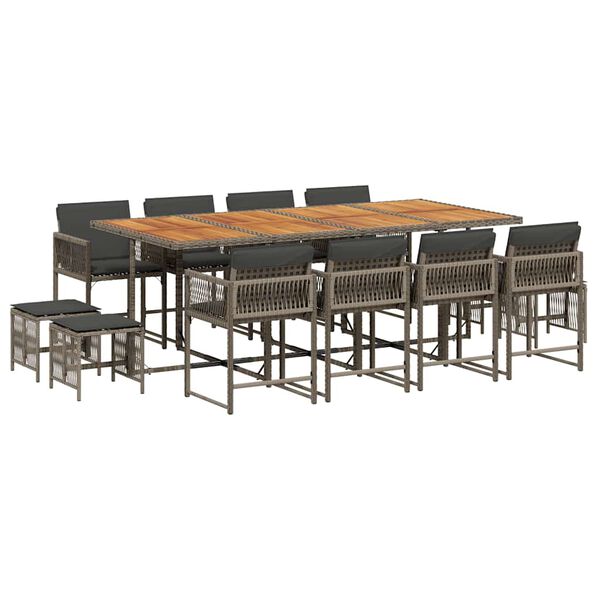 vidaXL 13 Piece Garden Dining Set with Cushions Grey Poly Rattan