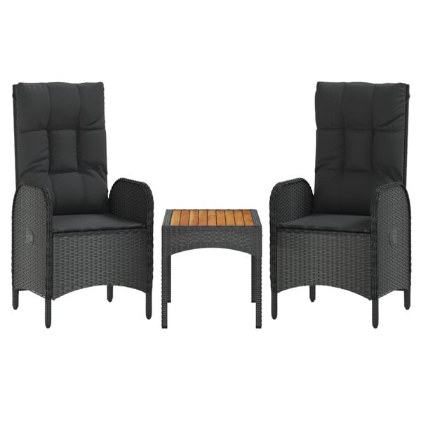 vidaXL 3 Piece Garden Lounge Set with Cushions Black Poly Rattan