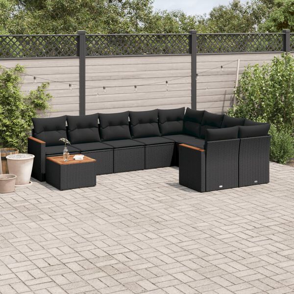 vidaXL 10 Piece Garden Sofa Set with Cushions Black Poly Rattan