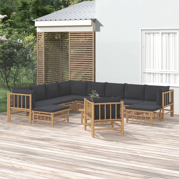 vidaXL 12 Piece Garden Lounge Set with Dark Grey Cushions Bamboo