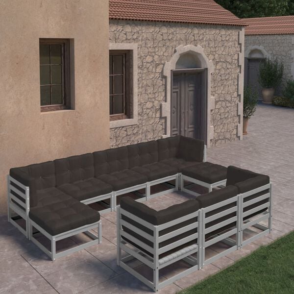 vidaXL 10 Piece Garden Lounge Set with Cushions Grey Solid Pinewood