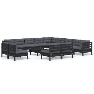 vidaXL 14 Piece Garden Lounge Set with Cushions Black Solid Pinewood
