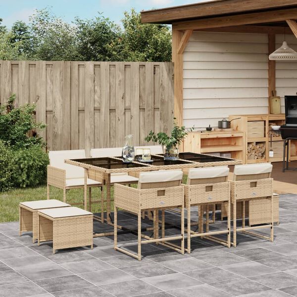 vidaXL 11 Piece Garden Dining Set with Cushions Beige Poly Rattan