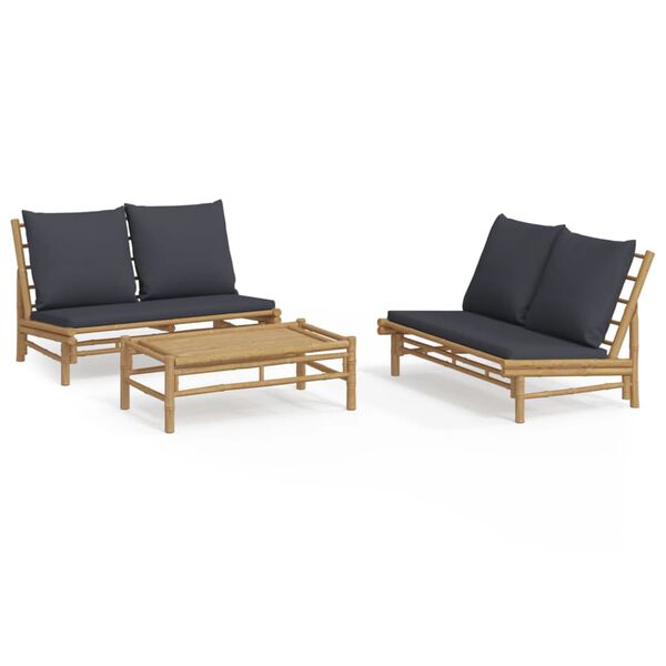 vidaXL 3 Piece Garden Lounge Set with Dark Grey Cushions Bamboo
