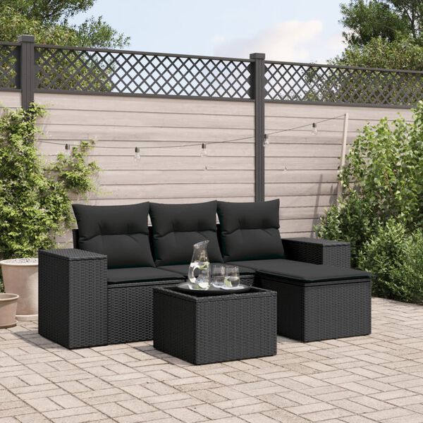 vidaXL 5 Piece Garden Sofa Set with Cushions Black Poly Rattan