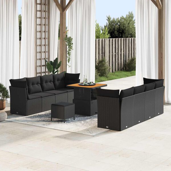 vidaXL Garden Sofa Set with Cushion 11 pcs Black Poly Rattan