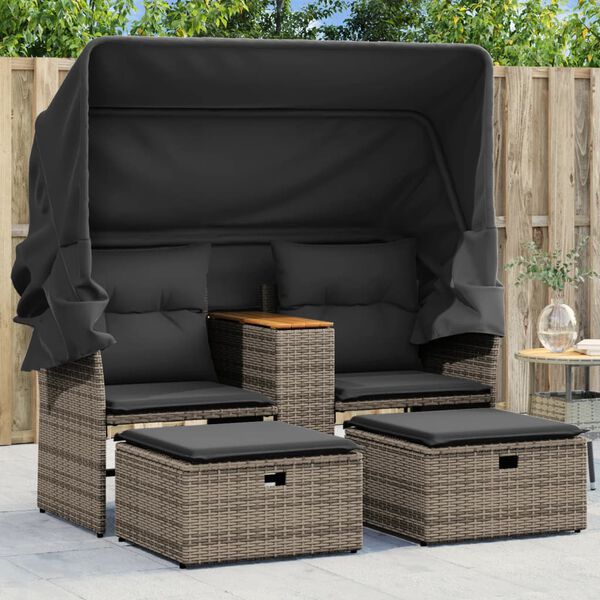 vidaXL Garden Sofa 2-Seater with Canopy and Stools Grey Poly Rattan