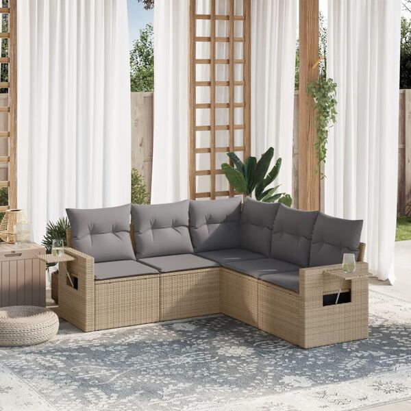 vidaXL 5 Piece Garden Sofa Set with Cushions Beige Poly Rattan