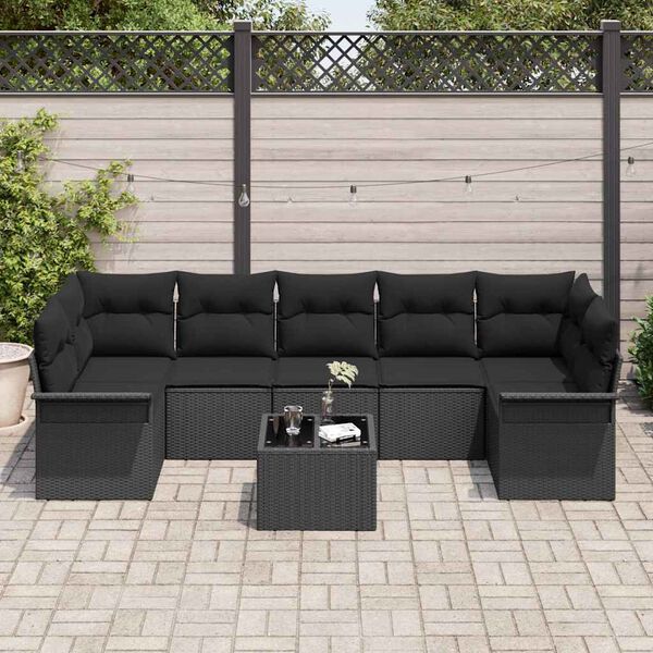 vidaXL Garden Sofa Set with Cushion 8 pcs Black Poly Rattan