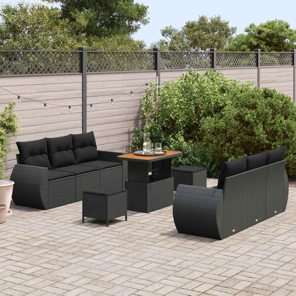 vidaXL Garden Sofa Set with Cushion 9 pcs Black Poly Rattan