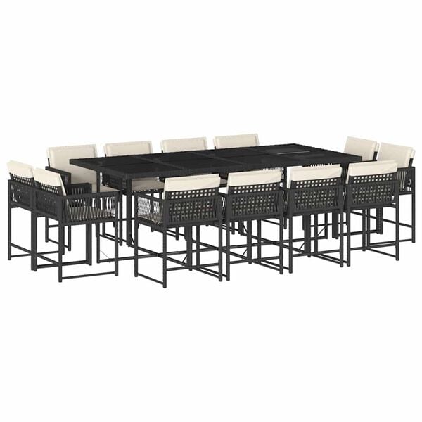vidaXL 13 Piece Garden Dining Set with Cushions Black Poly Rattan