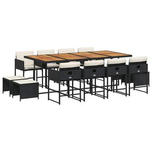 vidaXL 13 Piece Garden Dining Set with Cushions Black Poly Rattan