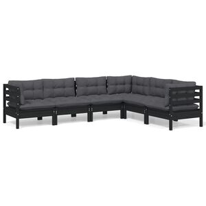 vidaXL 6 Piece Garden Lounge Set with Cushions Black Solid Pinewood